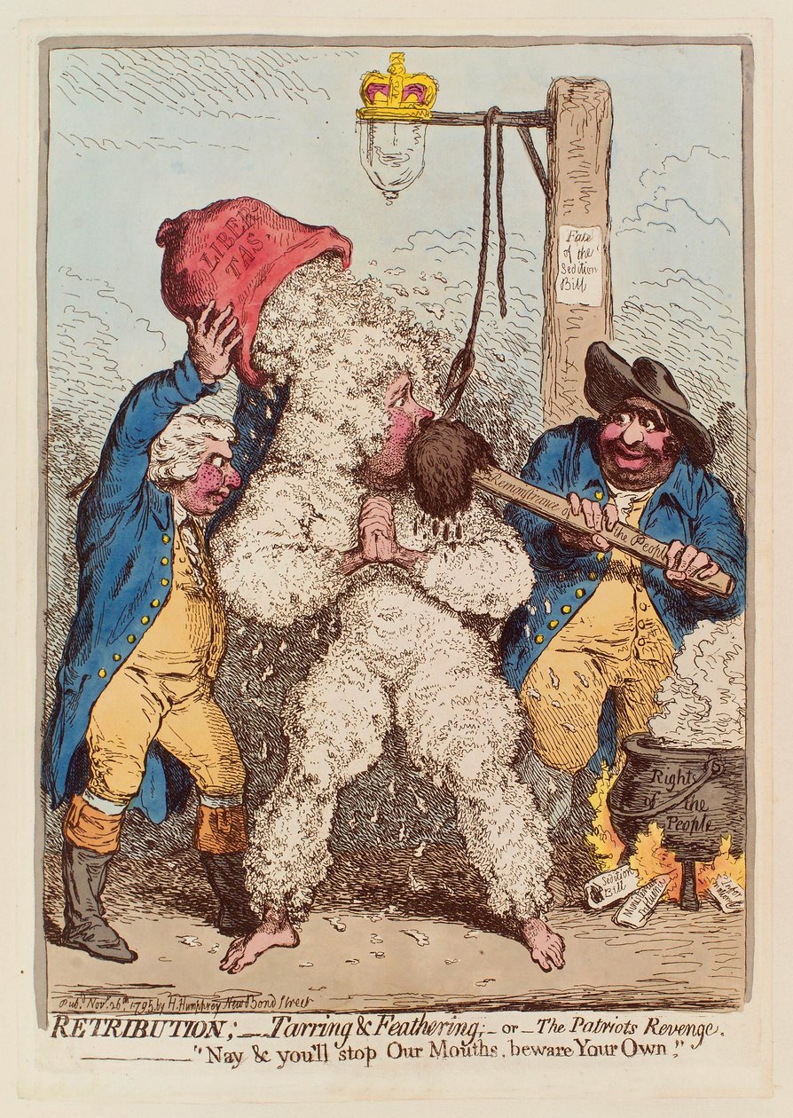 İntikam: Katran ve Tüy Alma veya Vatanseverin İntikamı, pub. 1795 el renkli gravür. by James Gillray