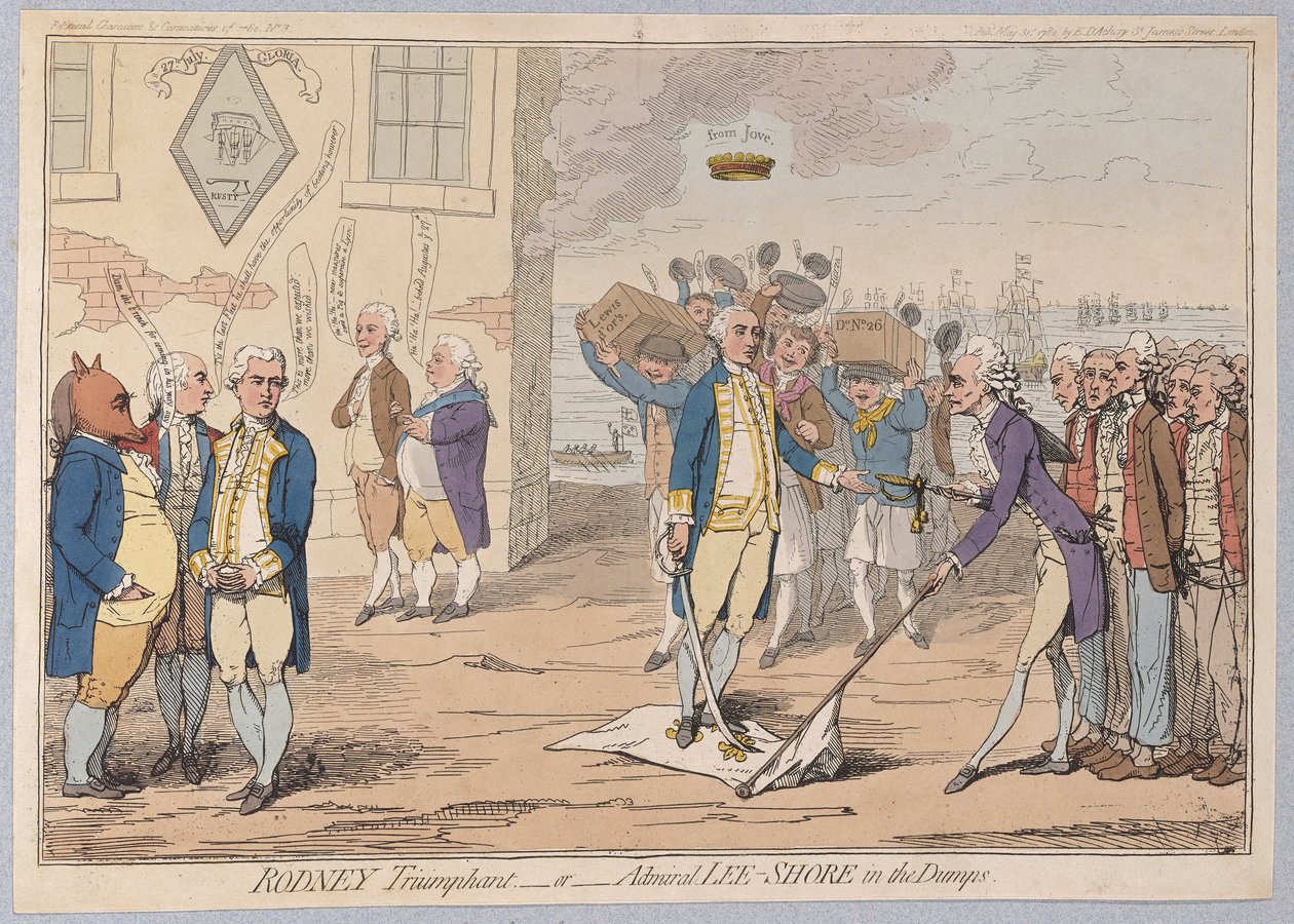 Çöplükte Rodney Muzaffer veya Amiral LeeShore, pub 1782 (el renkli gravür) by James Gillray
