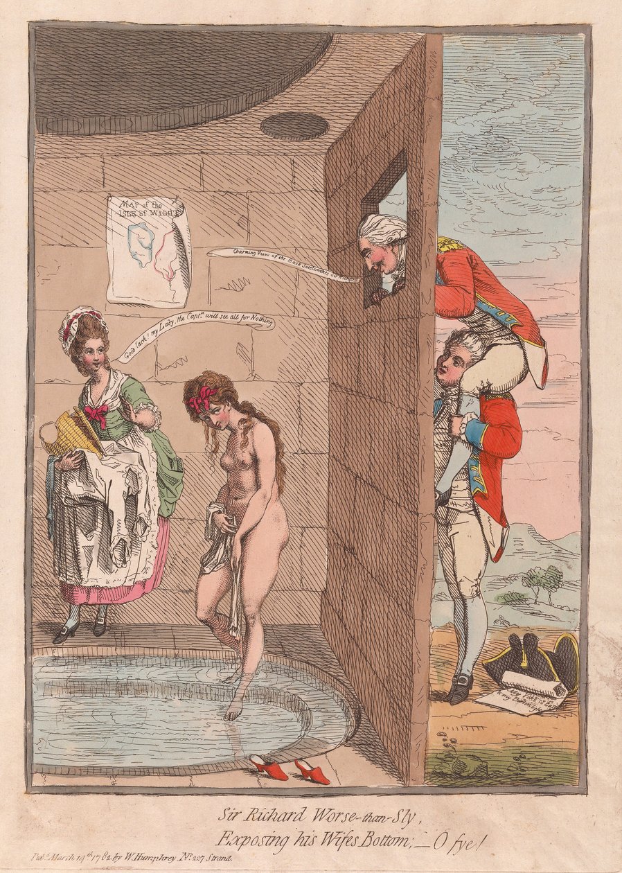 Sör Richard Kurnazdan Daha Kötü, Karılarının Dibini Teşhir Etmek - O fye!, pub. 1782 (el renkli gravür) by James Gillray
