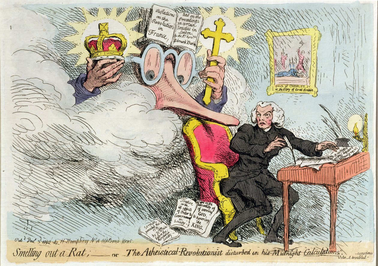 1790'da Hannah Humphrey tarafından yayınlanan Geceyarısı 'Hesaplamaları'nda rahatsız edilen bir Sıçan veya Ateist-Devrimcinin Kokusu (el boyaması gravür) by James Gillray