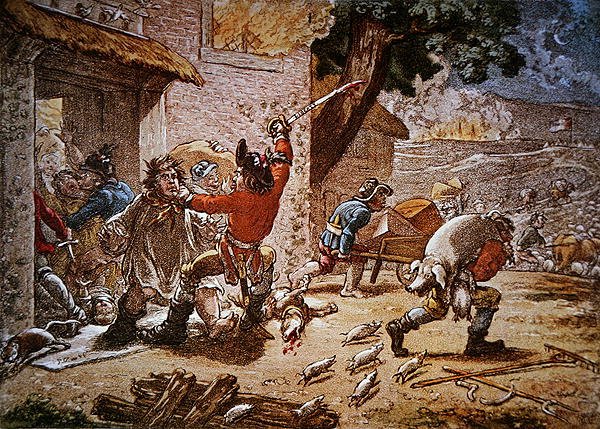 Birleşik İrlandalılar Derneği 'Görev Üzerine' silah ve yiyecek için bir çiftliğe baskın düzenledi by James Gillray