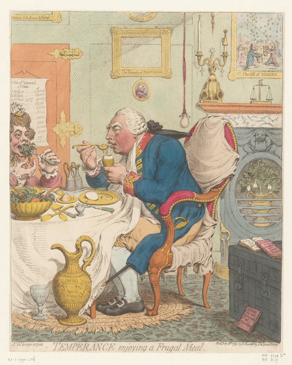 Spotprent op George III, 1792 Tutumlu bir Yemeğin tadını çıkaran Temperance (nesne üzerindeki başlık) by James Gillray