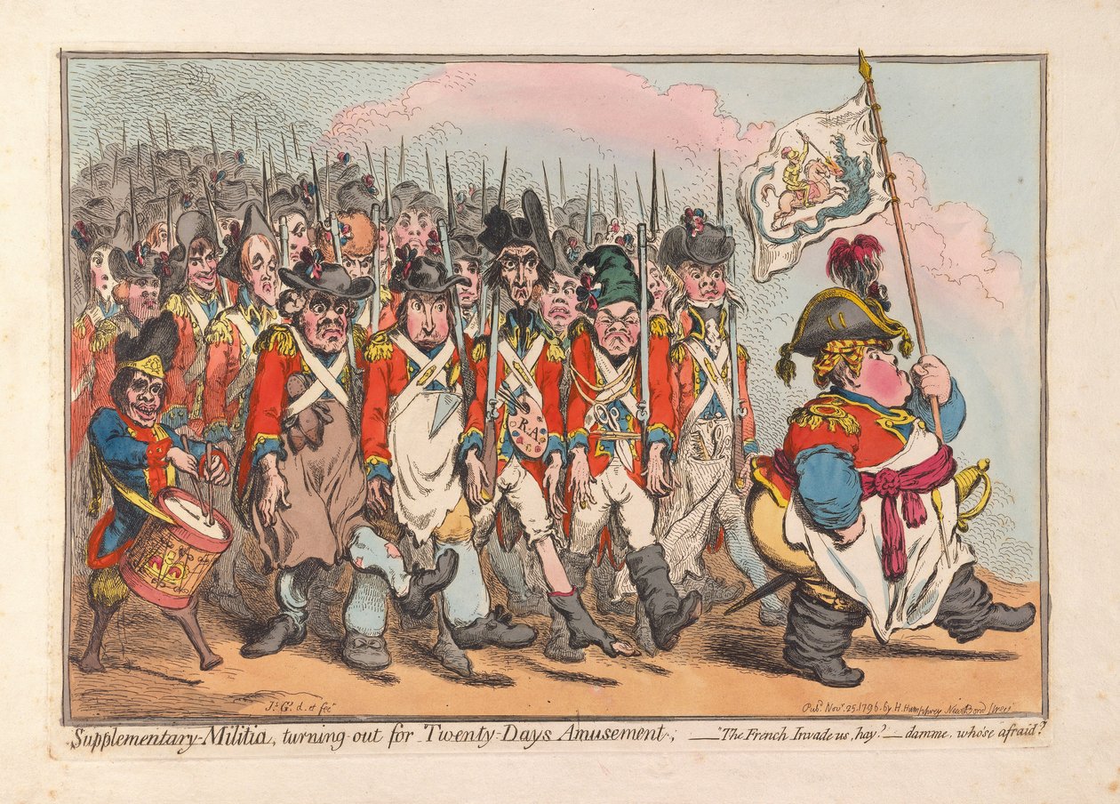Ek Milis, Twenty Days Amusement için çıkıyor, pub. 1796 (el renkli gravür) by James Gillray