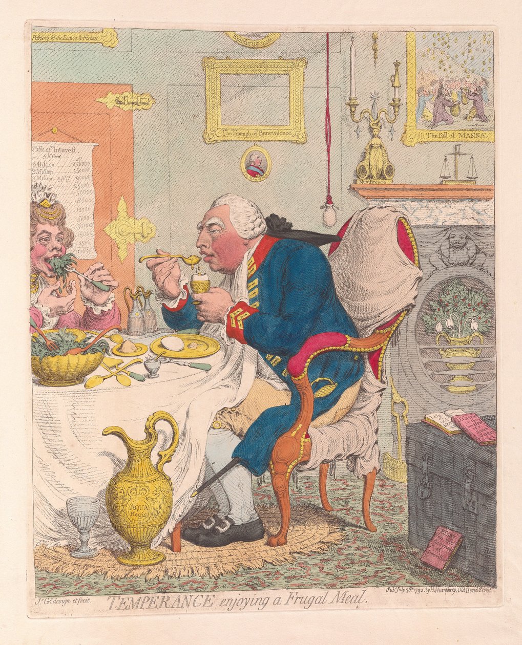 Temperance tutumlu bir yemeğin tadını çıkarıyor, pub. 1792 (el renkli gravür) by James Gillray