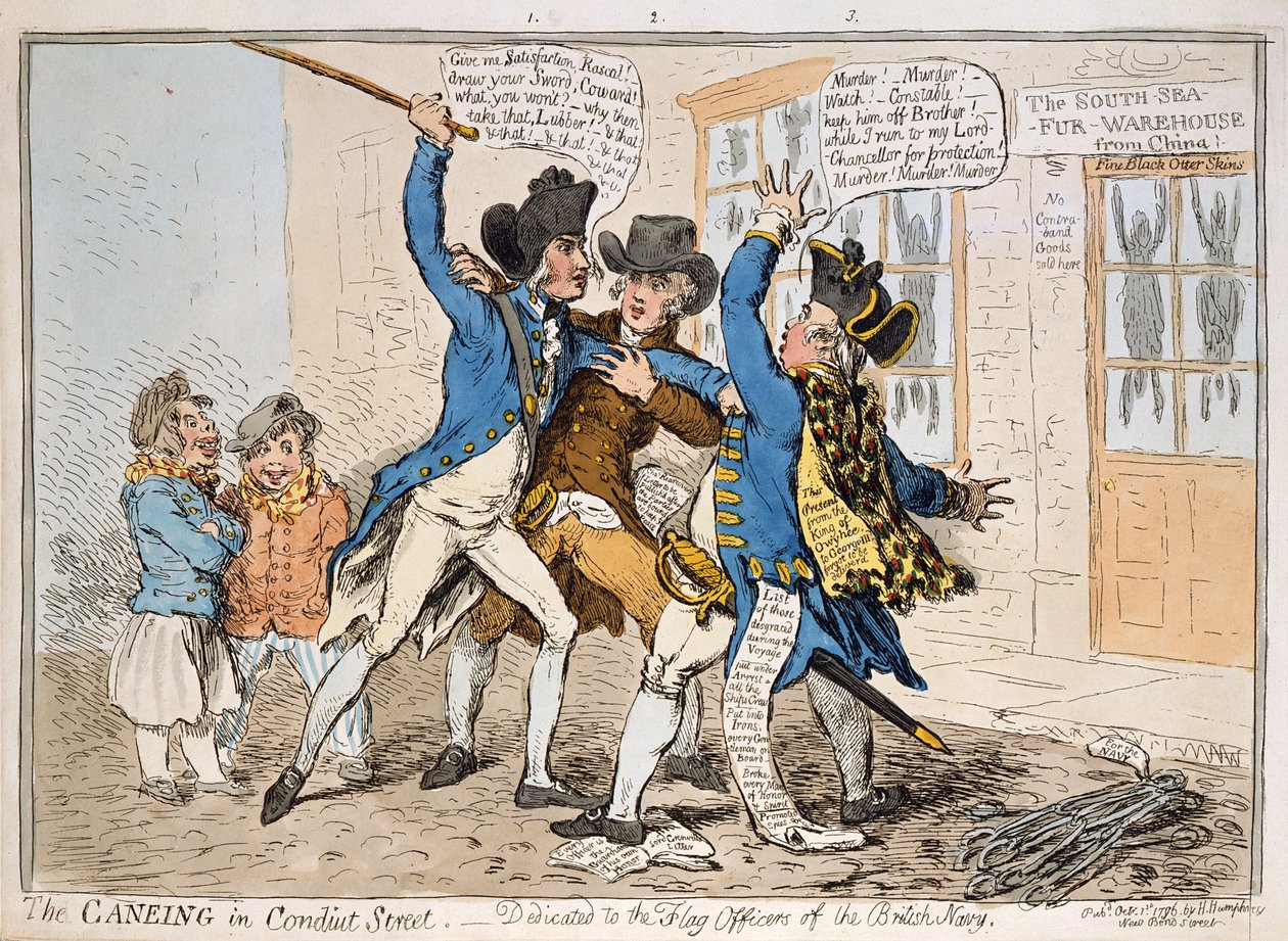 The Caneing in Conduit Street, Hannah Humphrey tarafından yayınlandı, 1796 (el boyaması gravür) by James Gillray