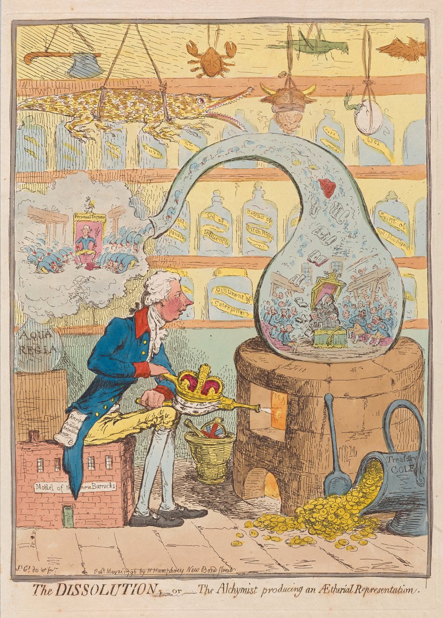 Bir Ruhsal Temsil Üreten Çözülme veya Simyacı, yayın. 1796 (el renkli gravür) by James Gillray