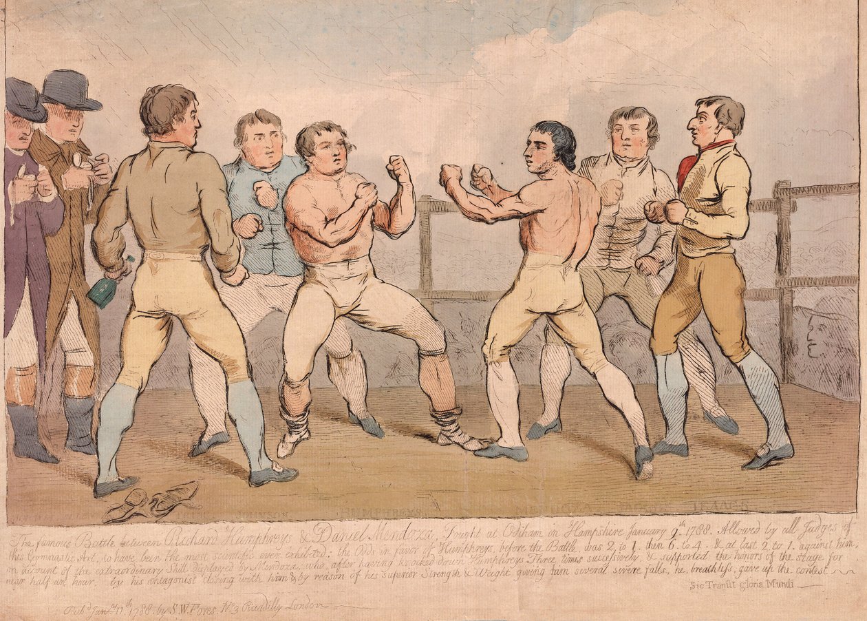 Richard Humphreys ve Daniel Mendoza Arasındaki Ünlü Savaş, 9 Ocak 1788, pub. 1788 (el renkli gravür) by James Gillray
