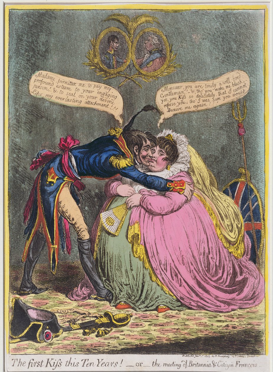On Yıl Sonra İlk Öpücük! veya 1803'te Hannah Humphrey tarafından yayınlanan Britannia und Citizen Francois Toplantısı (aquatint ile elle boyanmış gravür) by James Gillray