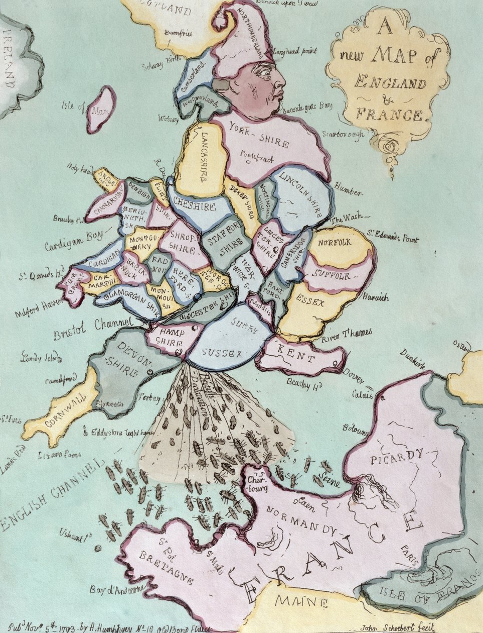 Fransız İstilası veya John Bull Serseri Tekneleri Bombardıman Eder, Hannah Humphrey tarafından 1793