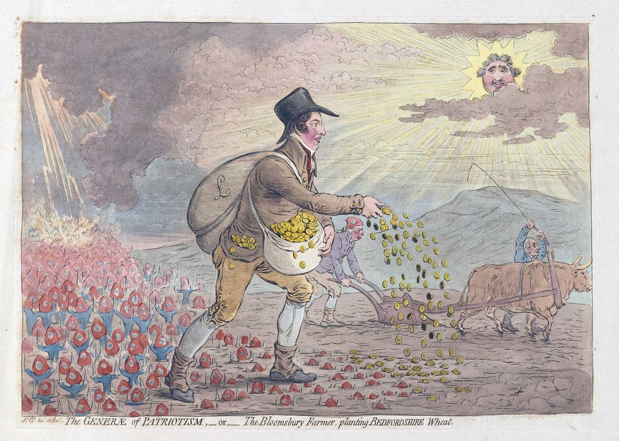 Vatanseverlik Cinsleri veya Bedfordshire Buğdayı eken Bloomsbury Çiftçisi, pub. 1796 (el renkli gravür) by James Gillray