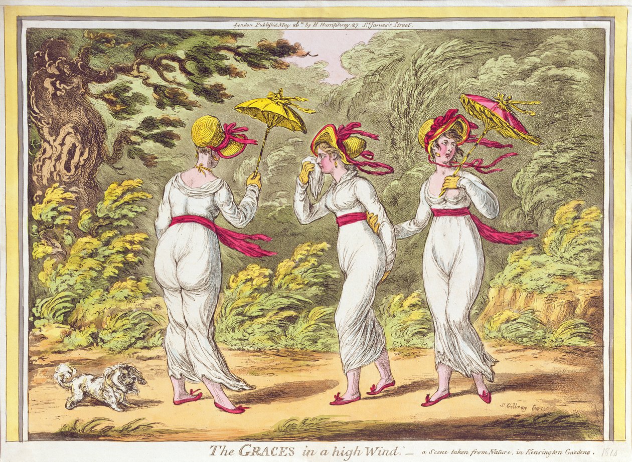 The Graces in a High Wind, Kensington Gardens, pub'da Doğadan alınan bir sahne. Hannah Humphrey tarafından, 1810 by James Gillray