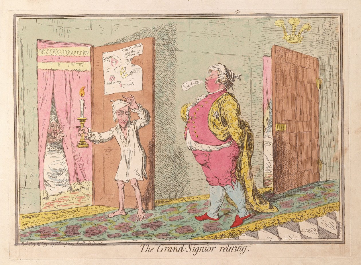 Grand Signior emekli oluyor, pub. 1796 (el renkli gravür) by James Gillray