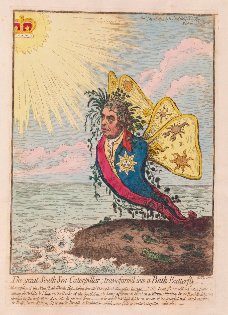 Büyük Güney Denizi Tırtılı, Hamam Kelebeğine dönüşmüş, pub. 1792 (el renkli gravür) by James Gillray