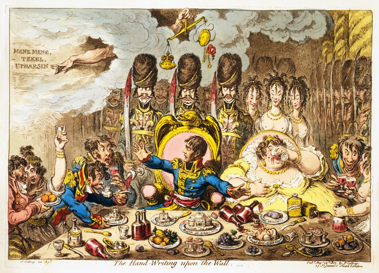 Duvardaki El Yazısı, pub. 1803 (el renkli gravür) by James Gillray