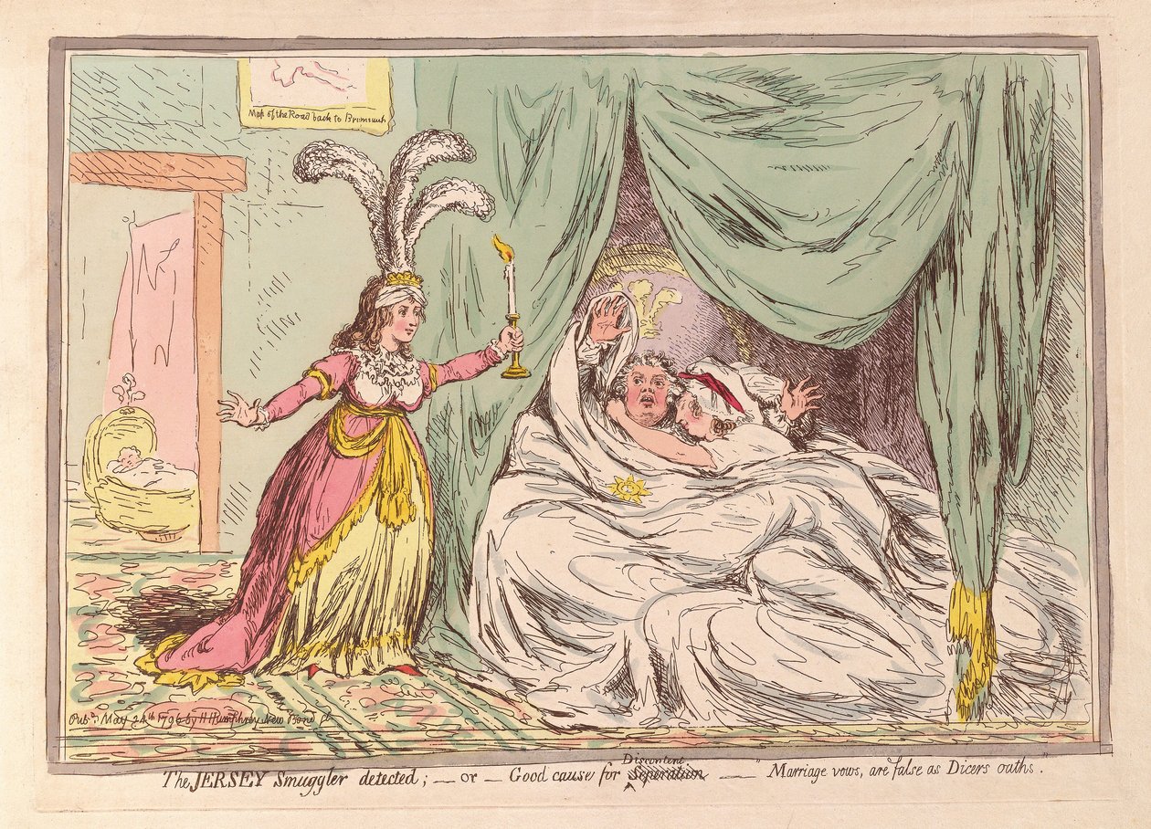 Jersey Kaçakçısı tespit edildi veya Ayrılık için İyi bir neden, Evlilik Yeminleri Dicers yeminleri gibi Yanlış, pub. 1796 (el renkli gravür) by James Gillray