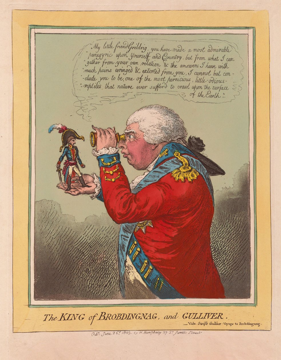 Brobdingnag ve Gulliver Kralı, pub. 1803 (el renkli gravür) by James Gillray