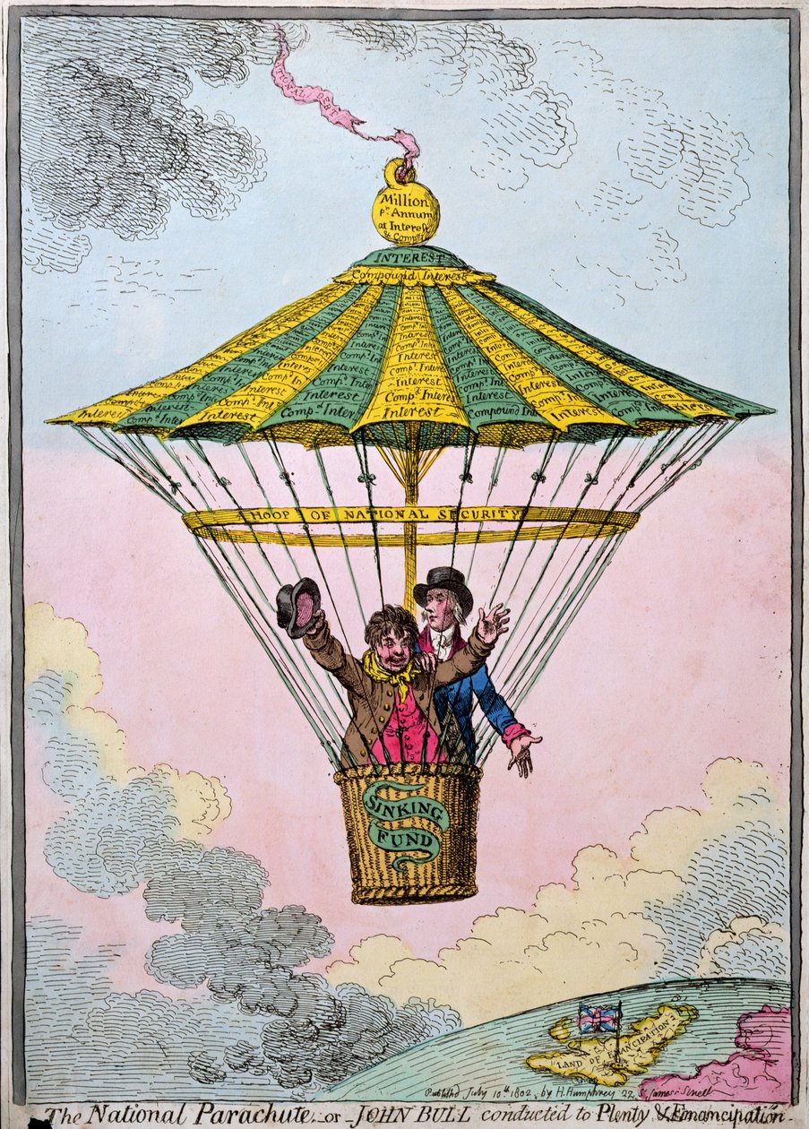 Ulusal Paraşüt veya John Bull, 1802'de Hannah Humphrey tarafından yayınlanan Plenty and Emancipation'a (el ile boyanmış gravür) by James Gillray