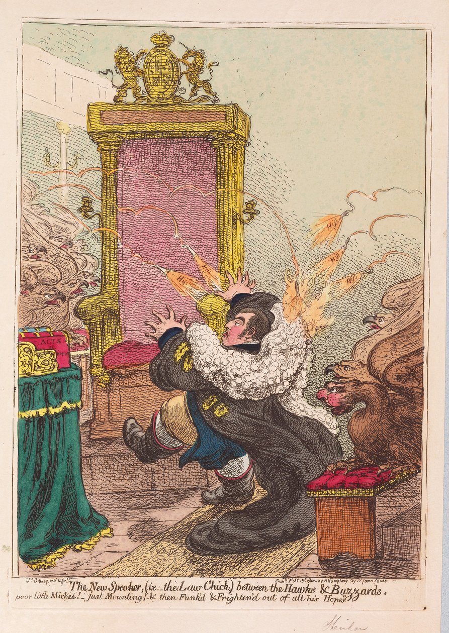 Hawks ve Buzzards arasındaki Yeni Konuşmacı (yani Kanun-Chick), pub. 1800 (el renkli gravür) by James Gillray