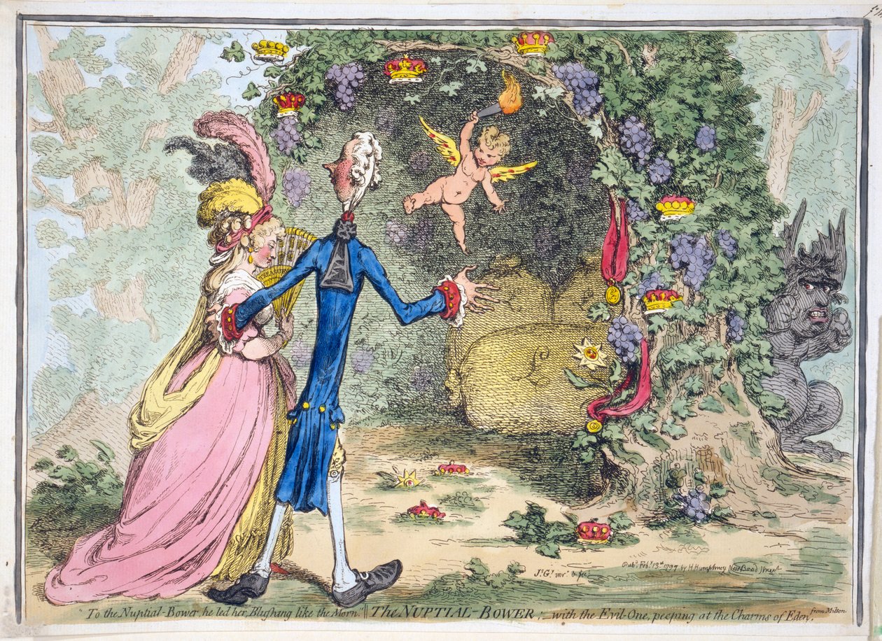 Nuptial Bower, pub. Hannah Humphrey, 13 Şubat 1797 (el renkli gravür) by James Gillray