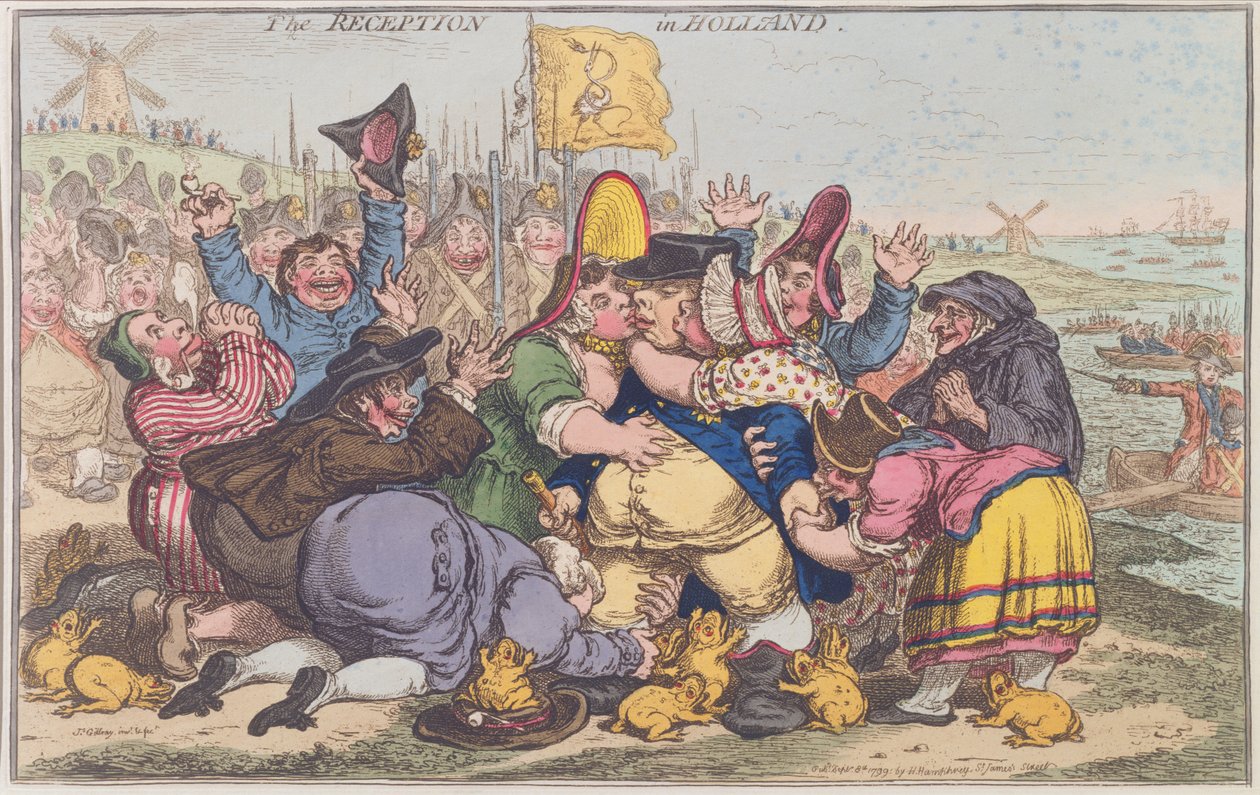 1799'da Hannah Humphrey tarafından yayınlanan Hollanda'daki Resepsiyon (el boyaması gravür) by James Gillray