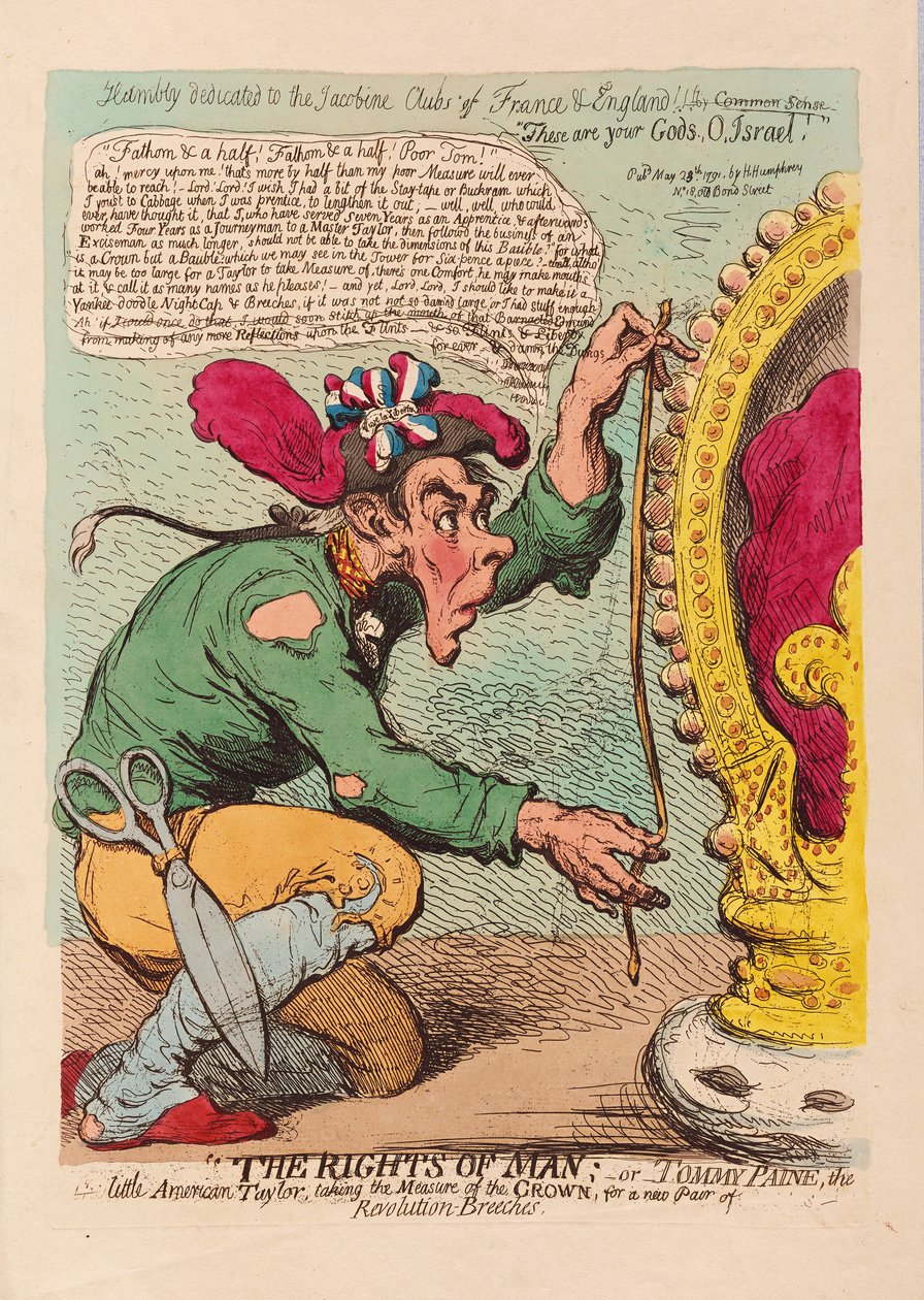 İnsan Hakları veya Tomm Paine, Küçük Amerikalı Taylor, yeni bir Devrim Pantolon Çifti için Taç ölçüsünü alıyor, pub. 1791 (el renkli gravür) by James Gillray