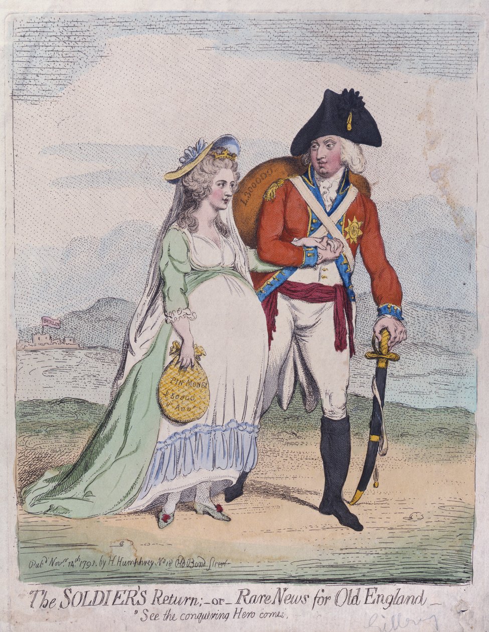 1791'de Hannah Humphrey tarafından yayınlanan Askerlerin Dönüşü veya Eski İngiltere için Nadir Haberler (el boyaması gravür) by James Gillray