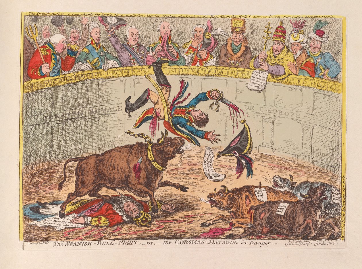 İspanyol Boğa Dövüşü veya Tehlikedeki Korsikalı Matador, pub. 1805 (el renkli gravür) by James Gillray