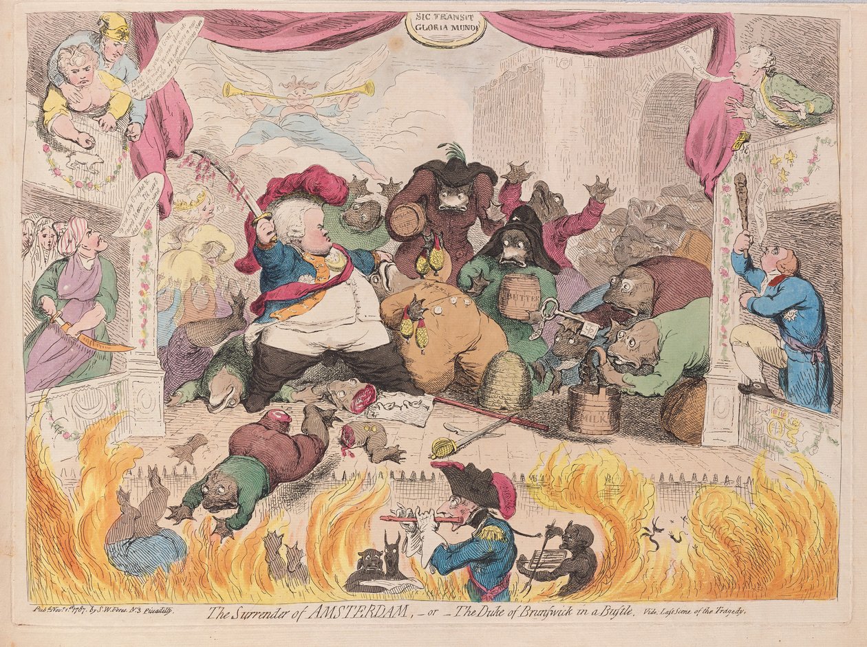 Amsterdam'ın Teslimi veya bir telaş içinde Brunswick Dükü, pub. 1787 (el renkli gravür) by James Gillray