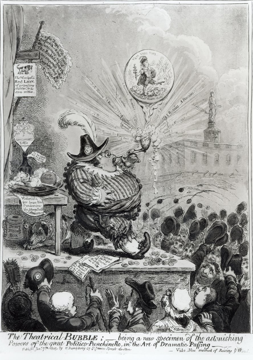Theatrical Bubble... Hannah Humphrey tarafından yayınlandı (fl.1778-1822) 1805 (gravür ve aquatint) by James Gillray