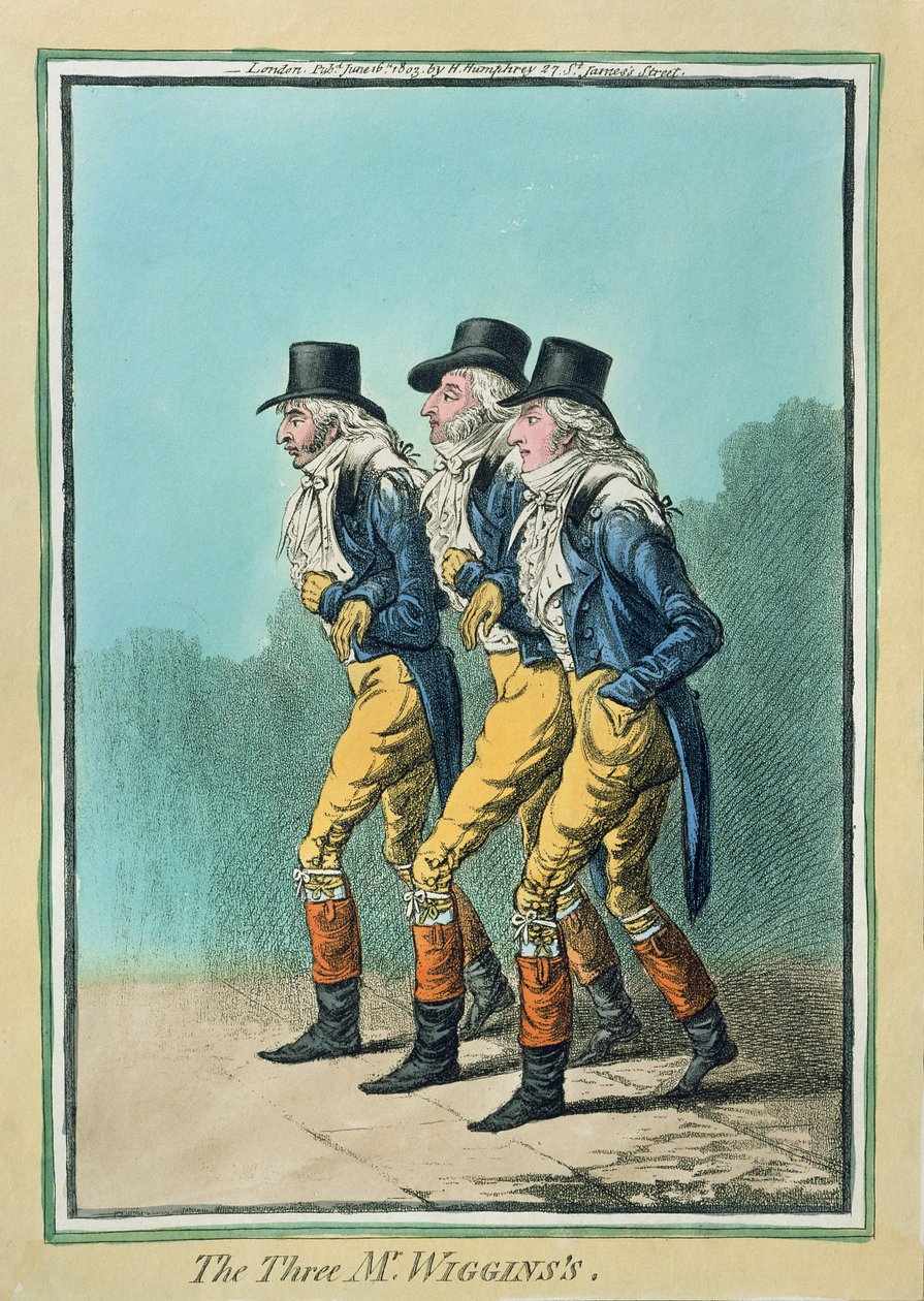 1803'te Hannah Humphrey tarafından yayınlanan The Three Mr Wiggins's (el boyaması gravür) by James Gillray