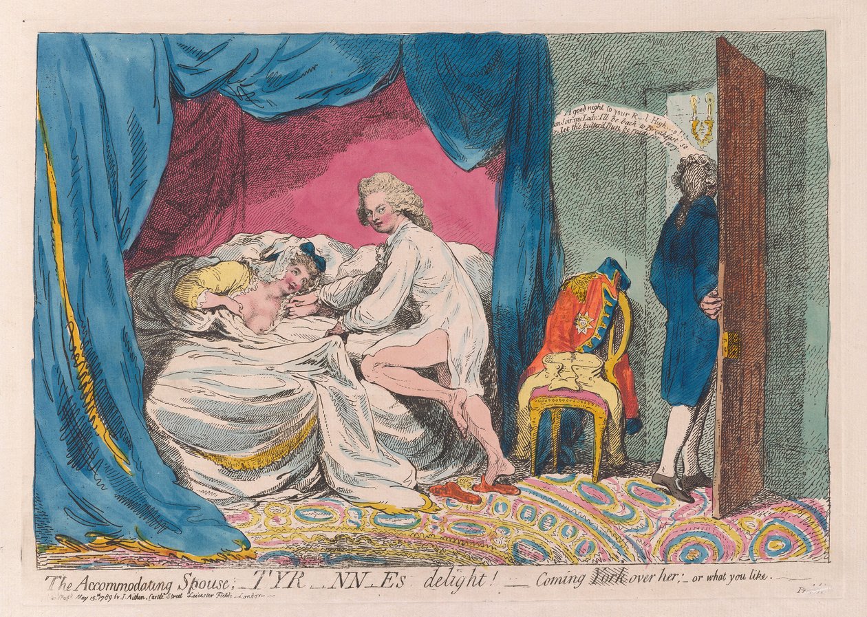 Uyum sağlayan eş; Tyrann-es zevk! - onun üzerine York geliyor; - ya da ne istersen, pub. 1789 (el renkli gravür) by James Gillray