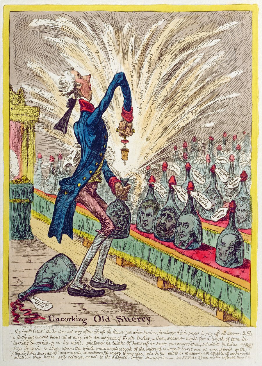 1805'te Hannah Humphrey tarafından yayınlanan Old Sherry'nin mantarını açma (el boyaması gravür) by James Gillray