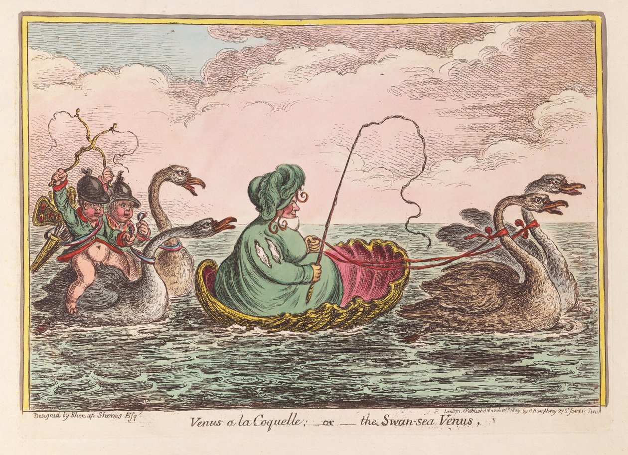 Venüs a la Coquelle; veya Kuğu-deniz Venüs, pub. 1809 (el renkli gravür) by James Gillray