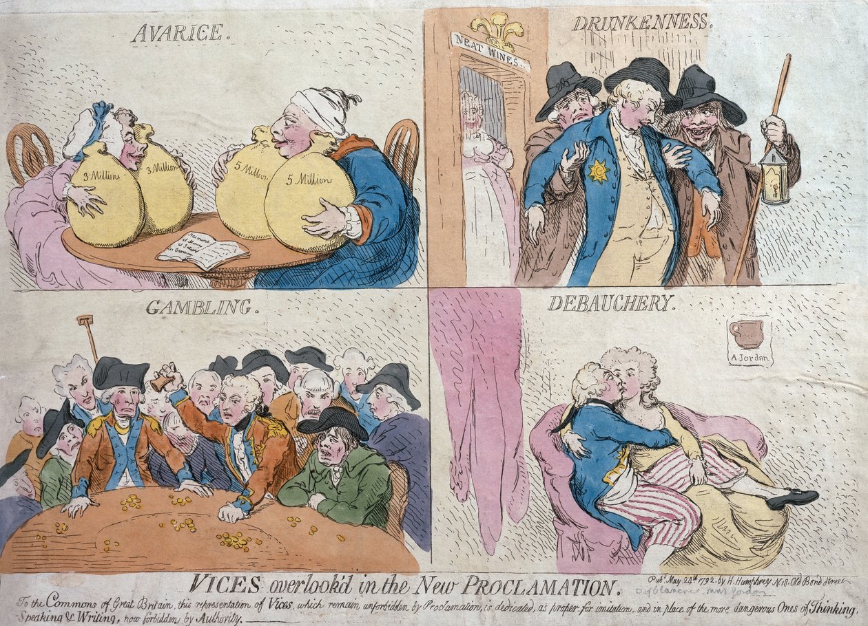 ಹನ್ನಾ ಹಂಫ್ರೆ, 1792 (ಕೈ-ಬಣ್ಣದ ಎಚ್ಚಣೆ) ಟರ್ಕ್‌ನಿಂದ ಪ್ರಕಟವಾದ ಹೊಸ ಘೋಷಣೆಯಲ್ಲಿ ವೈಸಸ್ ಓವರ್‌ಲುಕ್ಡ್ by James Gillray