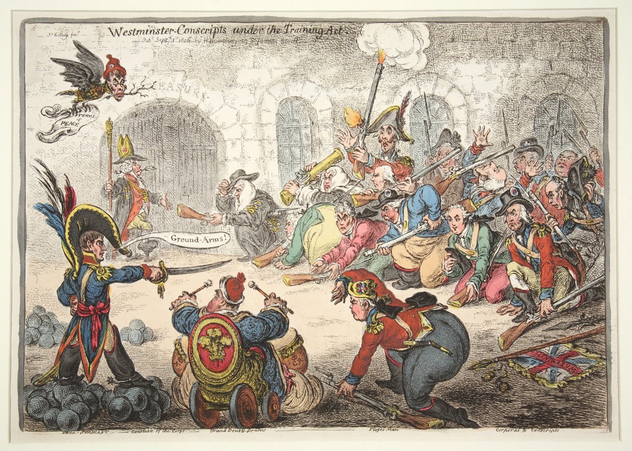 1806 Eğitim Yasası kapsamında Westminster-Askerler (el renkli gravür) by James Gillray