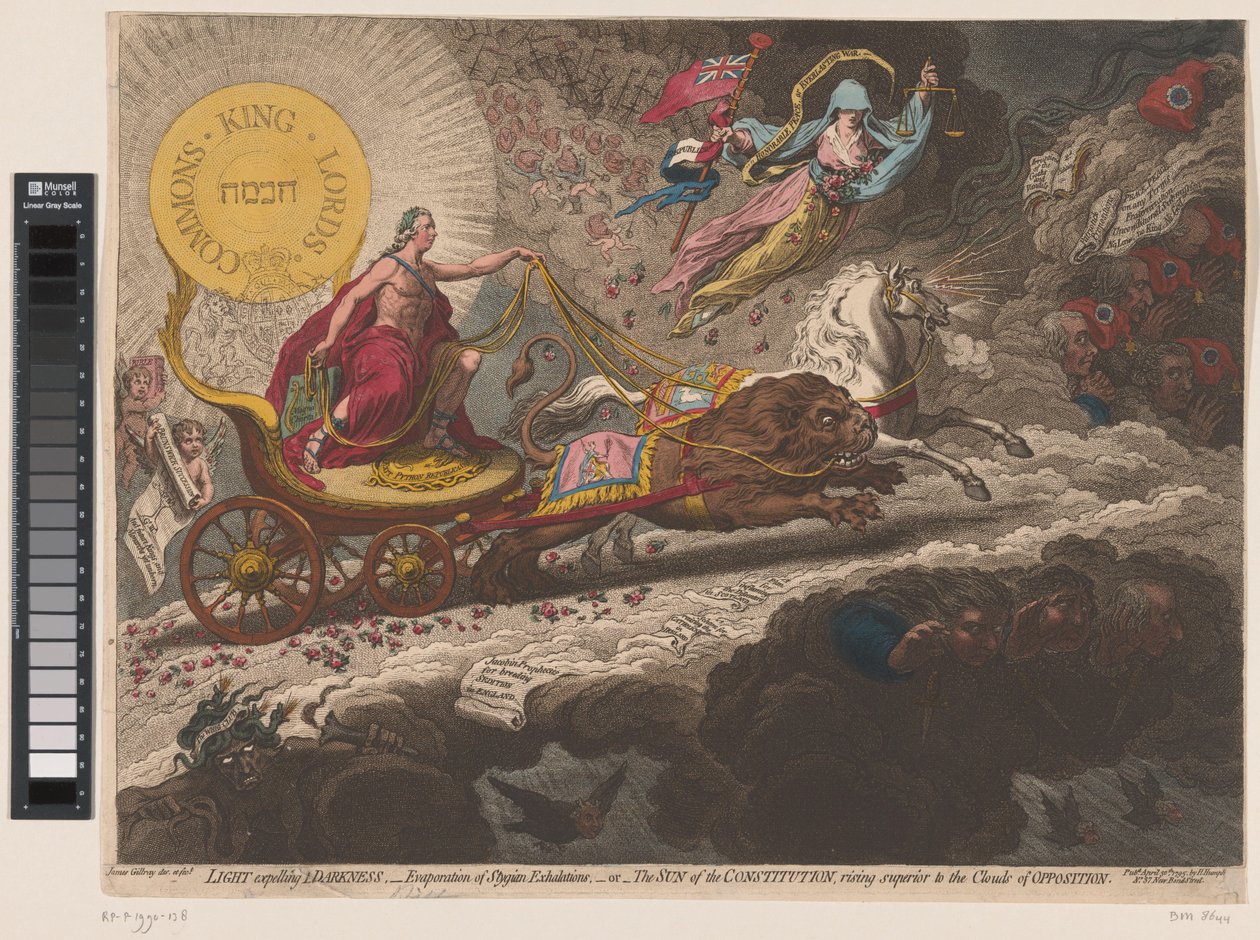 William Pitt verdrijft de duistere krachten, 1795 Işık Karanlığı kovuyor, - Stygian ekshalasyonlarının buharlaşması,-veya- Anayasanın güneşi, muhalefet bulutlarının üzerinde yükseliyor (nesne üzerindeki başlık) by James Gillray