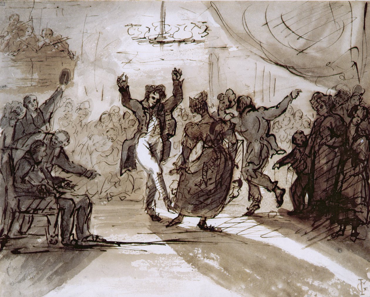 The Hunt Ball, c.1820 (kalem ve sepya mürekkebi ve kağıt üzerinde yıkama) by James Grant