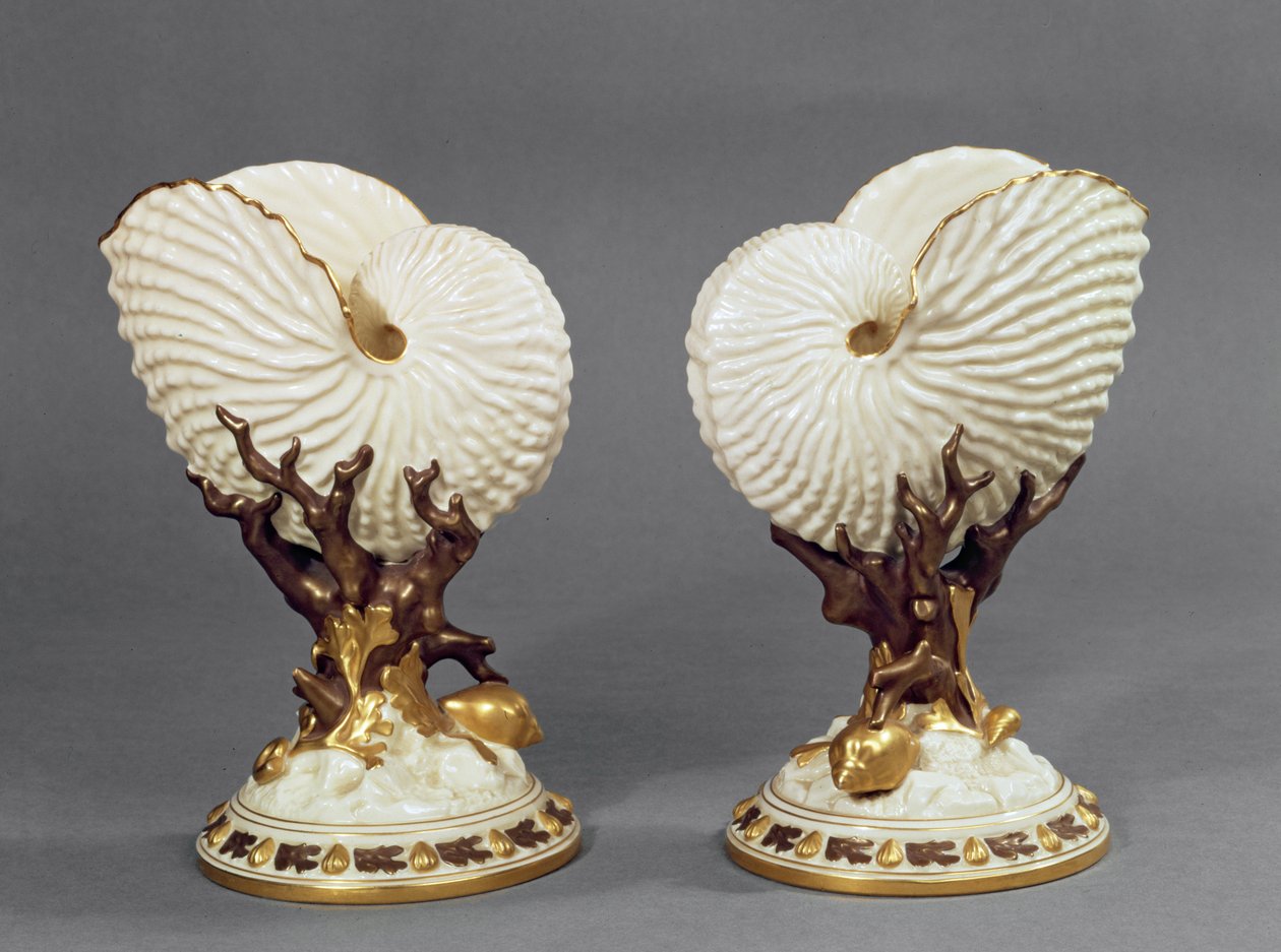 Nautilus kabuğu şeklinde bir çift Worcester vazo, 1880 porselen by James Hadley