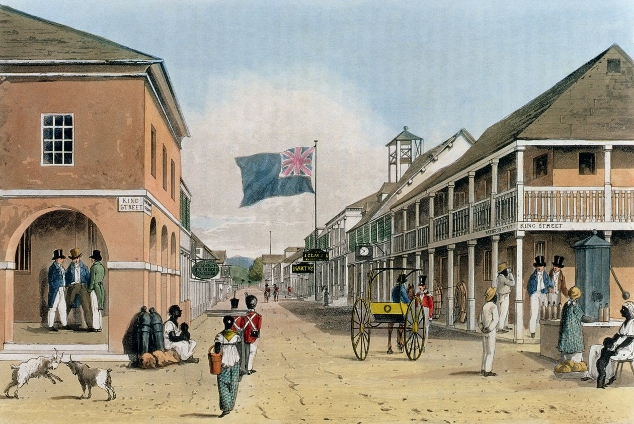 Thomas Sutherland tarafından kazınmış "Jamaika Adasının Pitoresk Bir Turu" ndan Harbour Street, Kingston, Jamaika