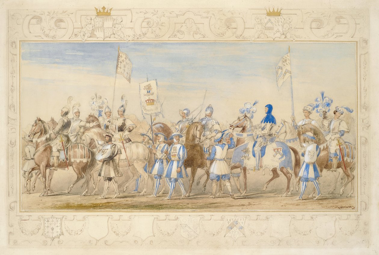 Waterford Markisi, Ejderha Şövalyesi ve Vikont Alford, Kara Aslan Şövalyesi, 1839 (kalem, wc, guaj ve kağıt üzerine altın boya) maiyetinin devamı (ayrıca bkz. 366229) by James Henry Nixon