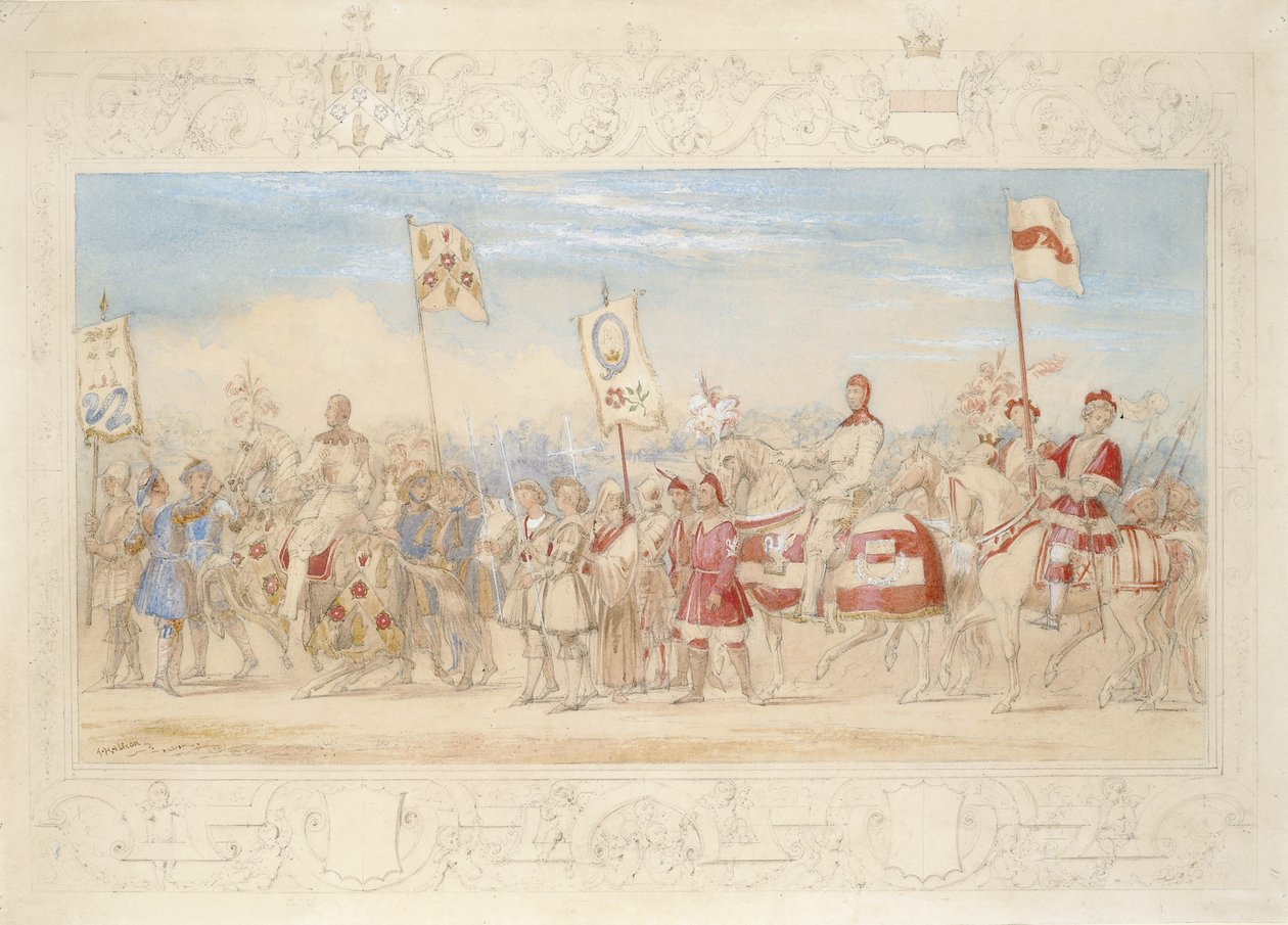 Sir Francis Hopkins Bt., Knight of the Burning Tower ve Richard Lechmere, Knight of the Red Rose The Rose of Lancaster, 1839 (kağıt üzerinde kurşun kalem, wc ve guaj) by James Henry Nixon