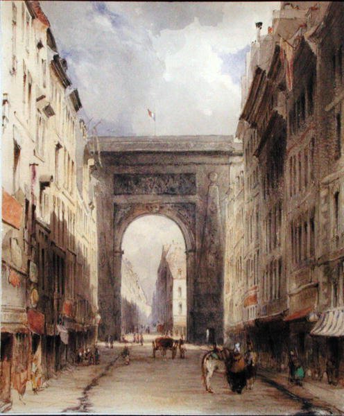Rue Vivienne ve Porte St. Denis, Paris, 1830 dolayları (kağıt üzerine suluboya) by James Holland