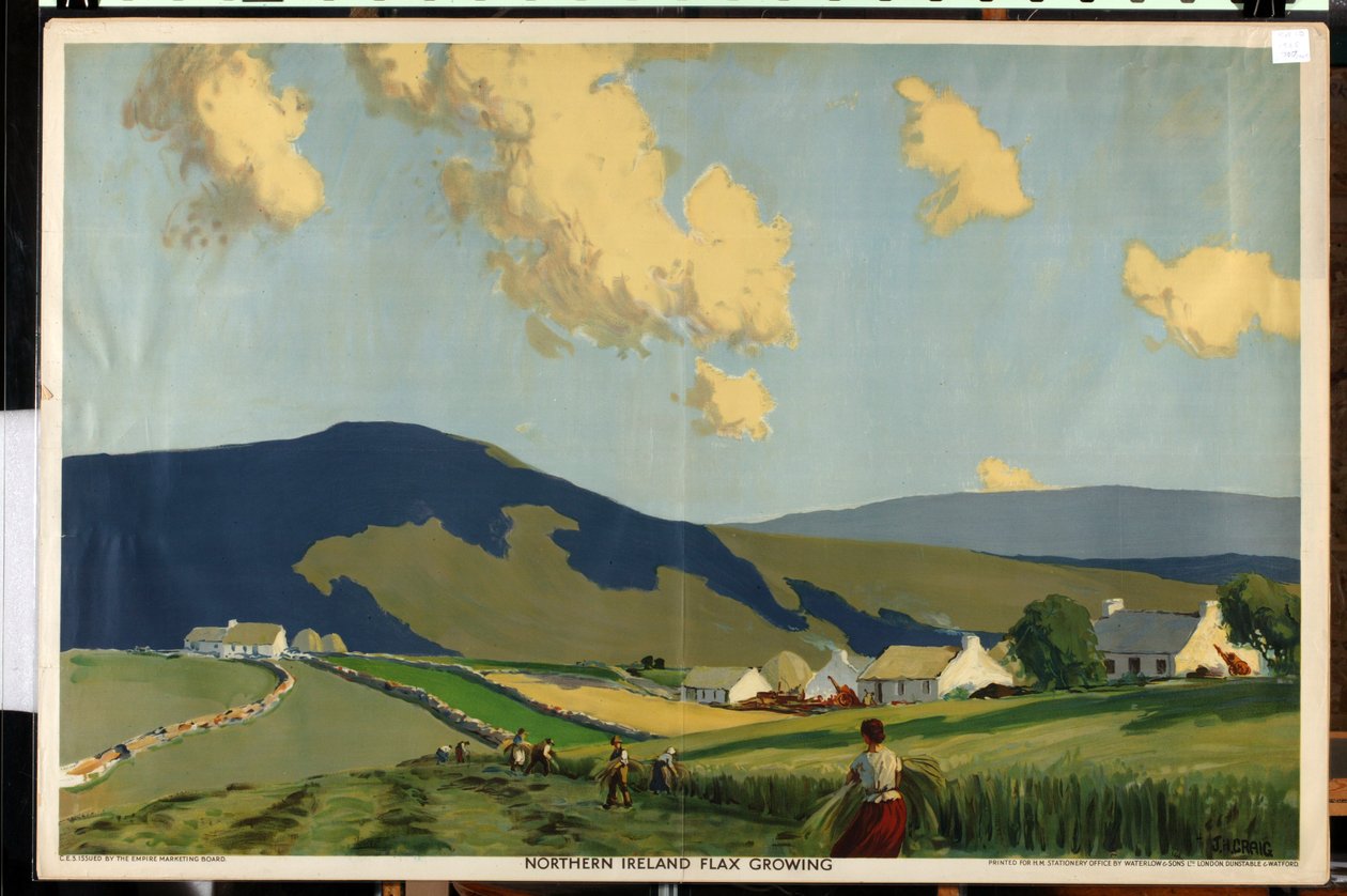Kuzey İrlanda - Keten Yetiştiriciliği, 'Önce Ana Ülkeler' serisinden (renkli lito) by James Humbert Craig