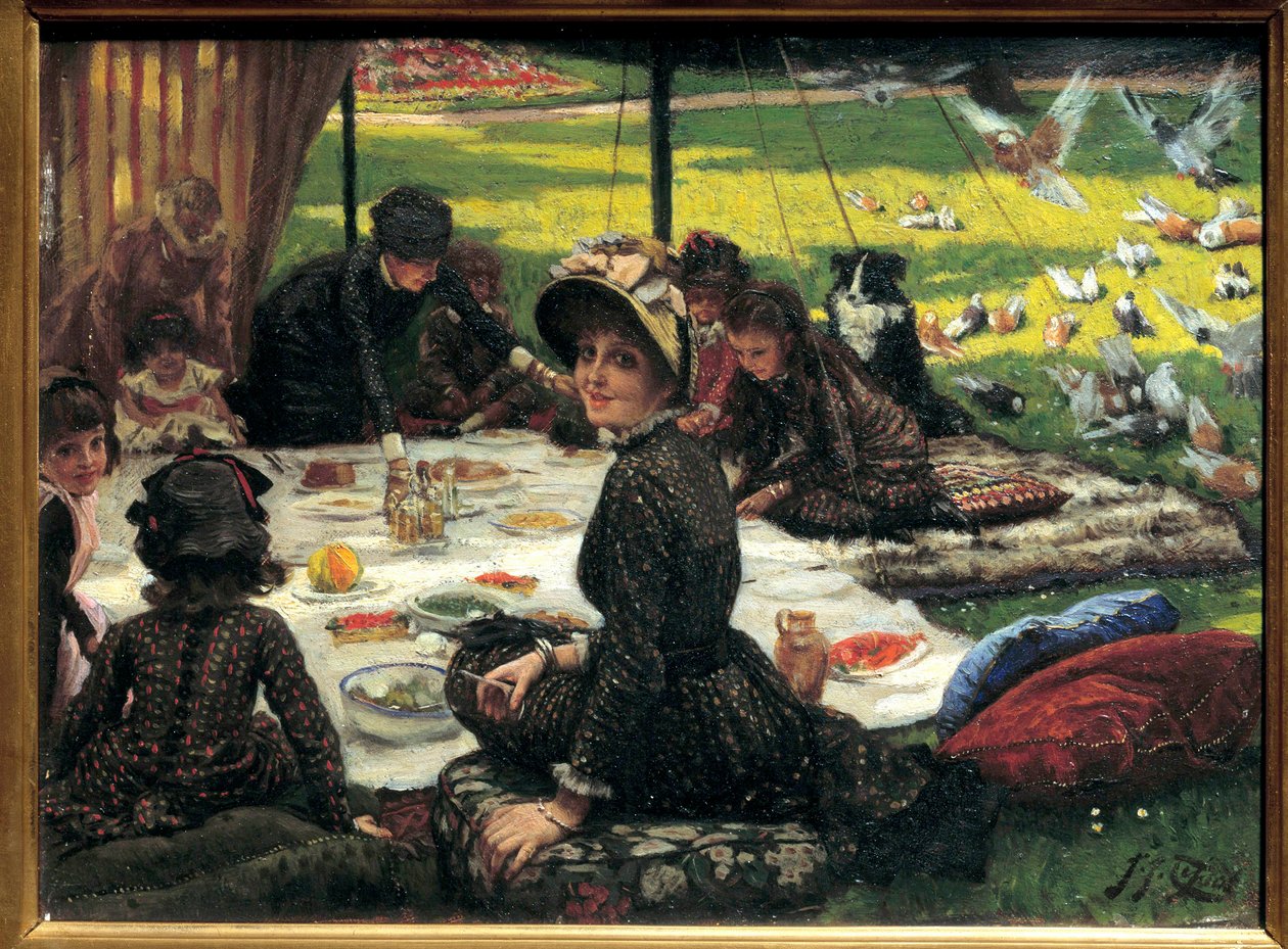 Çimlerin üzerinde kahvaltı Aile pikniği sahnesi. Jacques Joseph (Jacques-Joseph) tarafından yapılan resim Tissot dit James Tissot (1836-1902) by James Jacques Joseph Tissot
