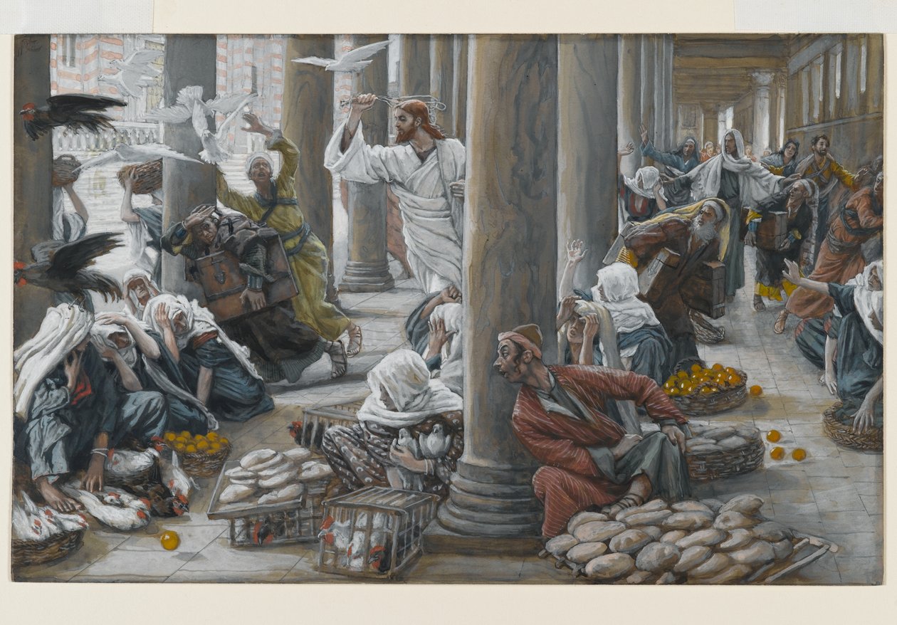 Mesih, Tapınaktan Satılan ve Satın Alınan Onları Uzaklaştırıyor, The Life of Christ için örnekleme, c.1884-96 (karton üzerine wc ve guaj boya) by James Jacques Joseph Tissot