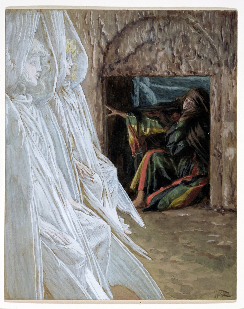 Mecdelli Meryem Mezardaki Melekleri Soruyor, The Life of Christ için örnekleme, c.1886-94 (karton üzerine wc ve guaj boya) by James Jacques Joseph Tissot