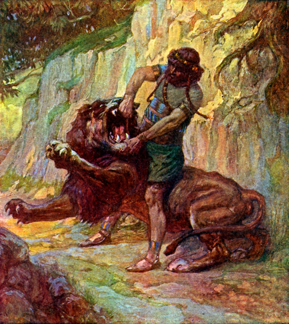 Samson bir aslanı öldürür J James Tissot - İncil by James Jacques Joseph after Tissot