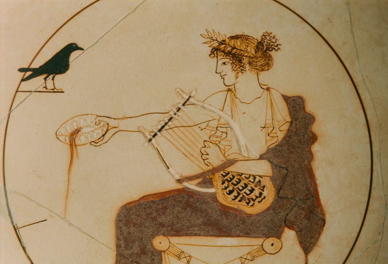 Beyaz zeminli kylix Apollon tasviri ile süslenmiştir. Tanrı oturur vaziyette... by James L Stanfield