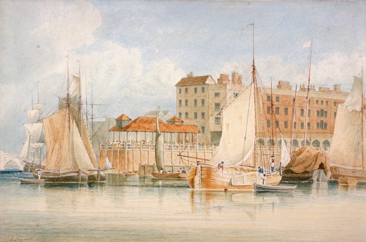 Billingsgate Rıhtımı ve gemilerin ve insanların olduğu pazarın görünümü, Londra Şehri, 1824. by James Lambert