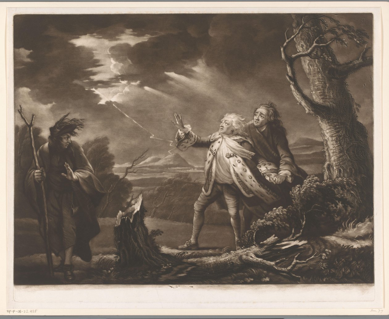 David Garrick, Kent Kontu ile Kral Lear rolünde ve fırtınalı bir manzarada Tom kılığında Edgar by James McArdell